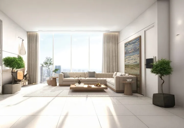 Living room with floor-to-ceiling windows at Candeur Eternia, Bachupally, Hyderabad